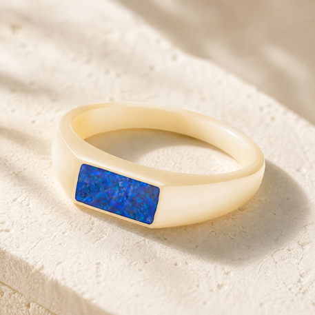 Solid 14K Gold Men's Desoto Ash Ring with Opal Blue Waters