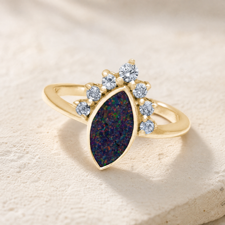 Solid 14K Gold Women's Lakeway Ash Ring with Black Flame Opal