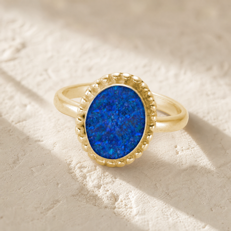 Solid 14K Gold Women's Bethany Ash Ring with Opal Blue Waters