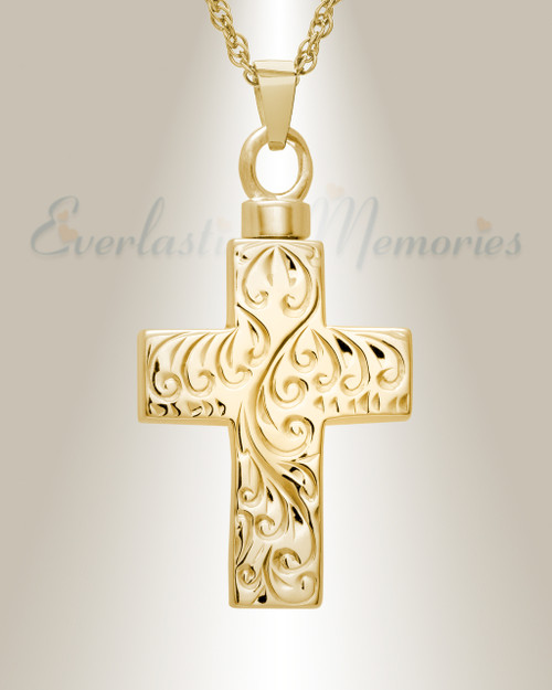 14K Gold Etched Cross Memorial Locket