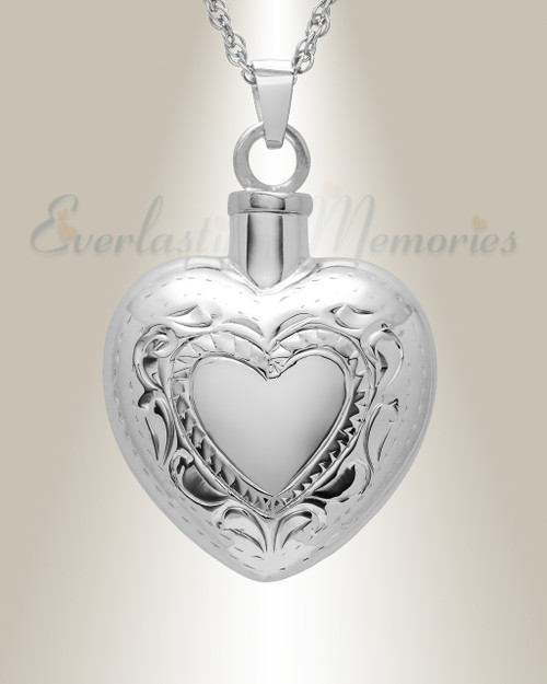 14k White Gold Etched Double Heart Cremation Urn Keepsake