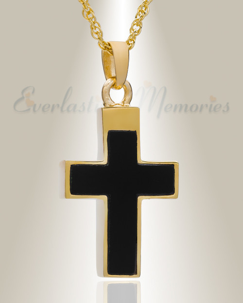 14K Gold Cross with Onyx Stone Urn Necklace