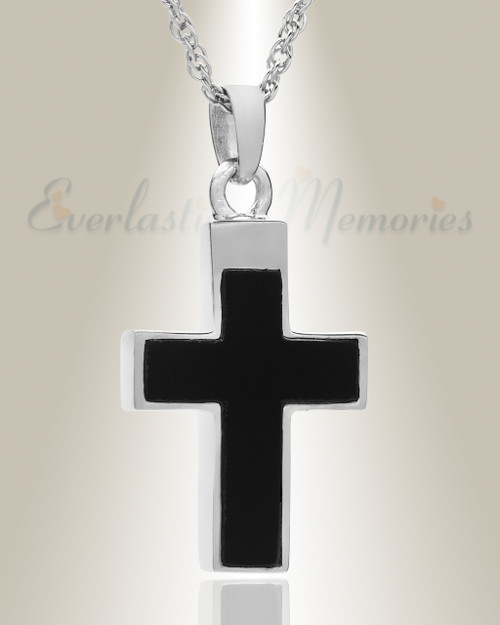 14K White Gold Cross with Onyx Stone Urn Keepsake