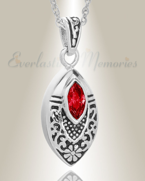 Stainless Steel Ornamental Teardrop with Red Stone Pendant Keepsake
