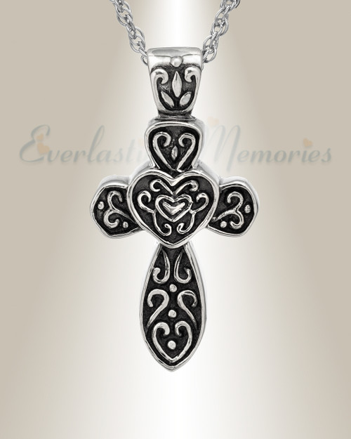 14K White Gold Cathedral Cross Urn Necklace