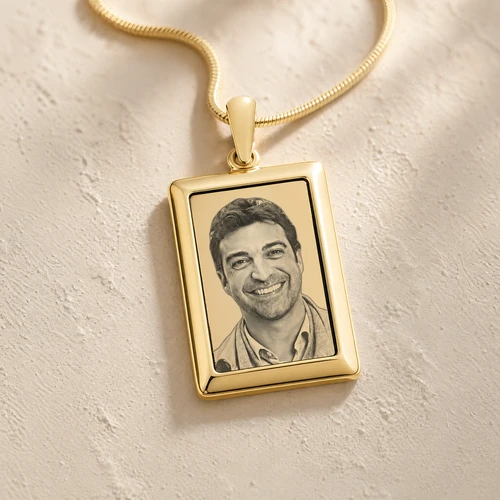 Gold Plated over Stainless Steel Portrait Photo Rectangle Pendant