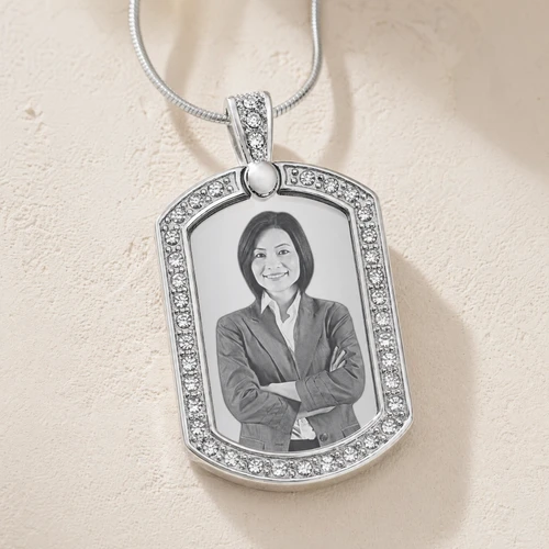 Stainless Steel Jeweled Portrait Dog Tag Photo Pendant