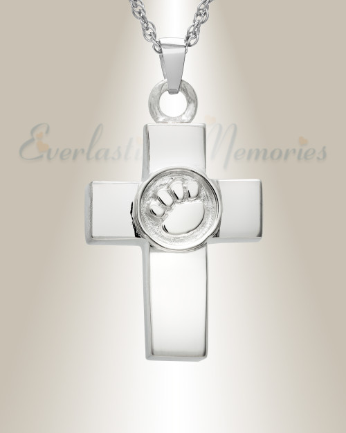14K White Gold Devoted Paw Cross Memorial Locket