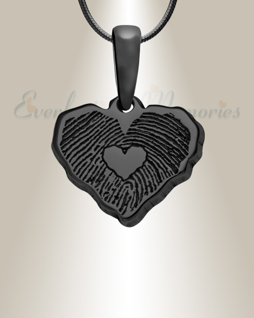 Black Plated Petite Cut Sterling Heart Fingerprint Necklace with Signature on Back