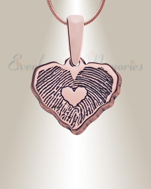 Rose Gold Plated Petite Cut Sterling Heart Fingerprint Necklace with Signature on Back