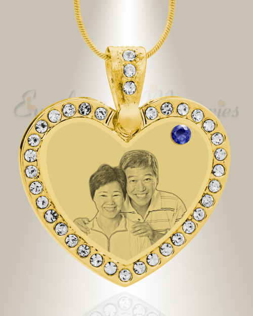 Birthstone Gem Heart September Photo Engraved Gold Plated over Stainless Keepsake