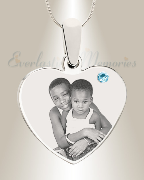 March Birthstone Heart Photo Engraved Stainless Keepsake