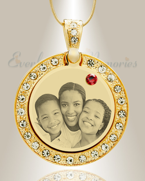Birthstone Gem Circle January Photo Engraved Gold Plated over Stainless Keepsake
