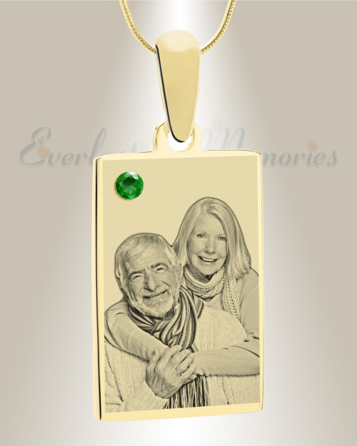 Birthstone Rectangle May Photo Engraved Gold Plated over Stainless Keepsake