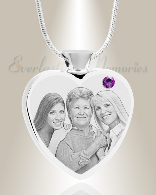 February Birthstone Heart Stainless Steel Picture Engraved Ash Pendant