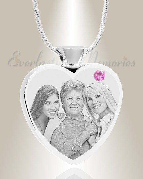 June Birthstone Heart Stainless Steel Picture Engraved Ash Pendant