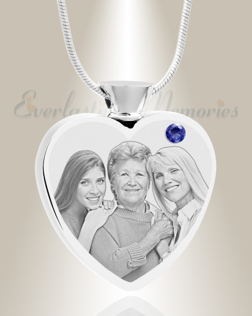 September Birthstone Heart Stainless Steel Picture Engraved Ash Pendant