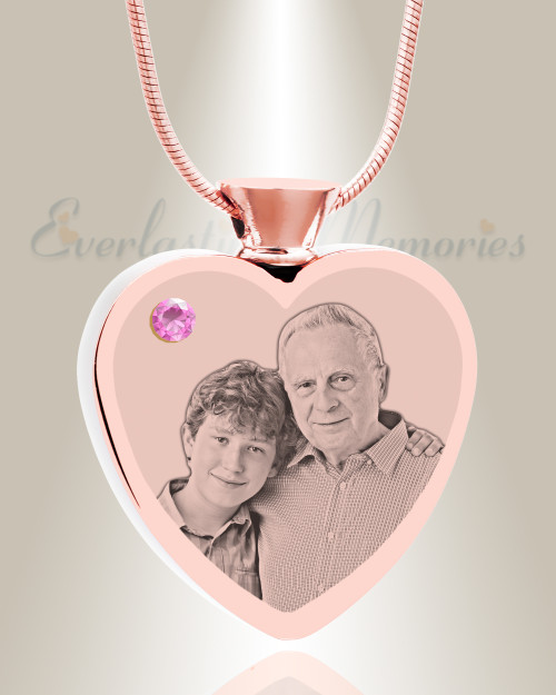 June Birthstone Heart Rose Gold Plated Picture Engraved Ash Pendant