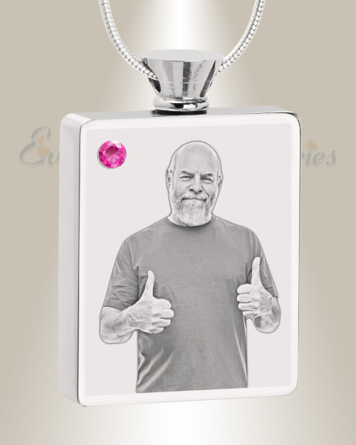 October Birthstone Rectangle Stainless Steel Photo Engraved Ash Pendant