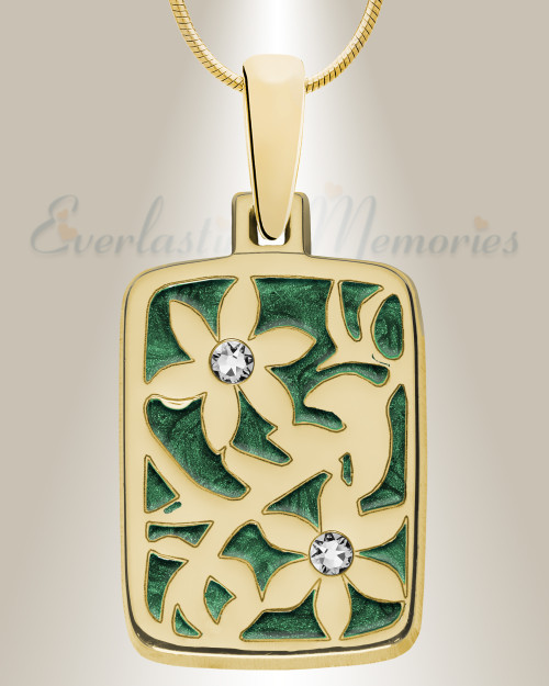 Flowered Rectangle Gold Plated with Seafoam Ash Resin Jewelry