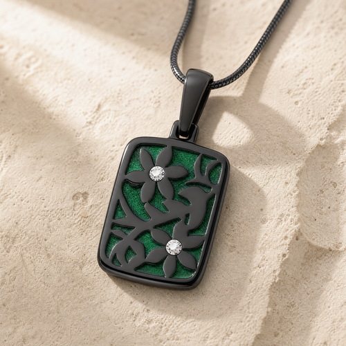 Flowered Rectangle Black Finish with Seafoam Ash Resin Jewelry