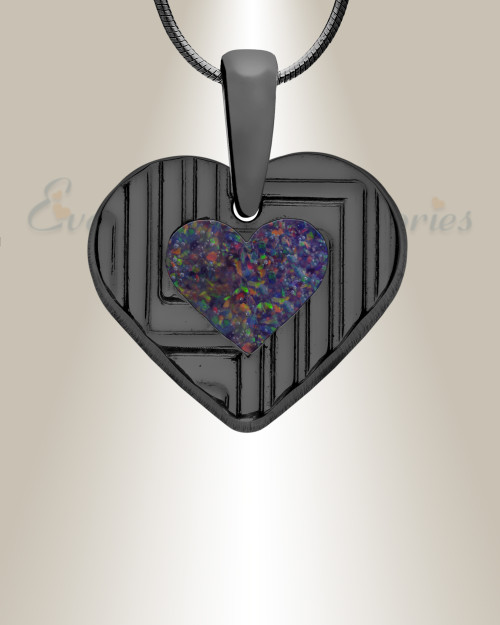 Lined Heart Black Finish with Black Flame Opal Ash Resin Jewelry