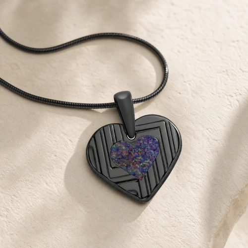Lined Heart Black Finish with Black Flame Opal Ash Resin Jewelry