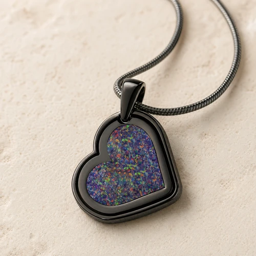 Attentive Heart Black Finish with Black Flame Opal Ash Resin Jewelry