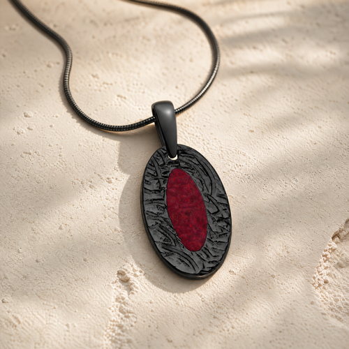 Heartfelt Oval Black Finish with Scarlet Pearl Opal Ash Resin Jewelry