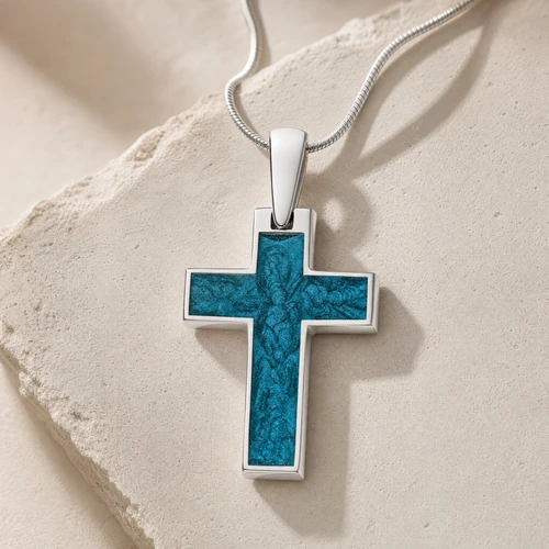 Cultured Cross Sterling Silver with Aqua Ash Resin Jewelry