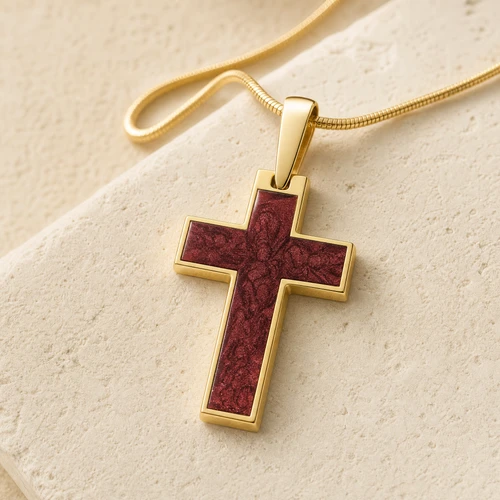 Cultured Cross Gold Plated with Crimson Ash Resin Jewelry
