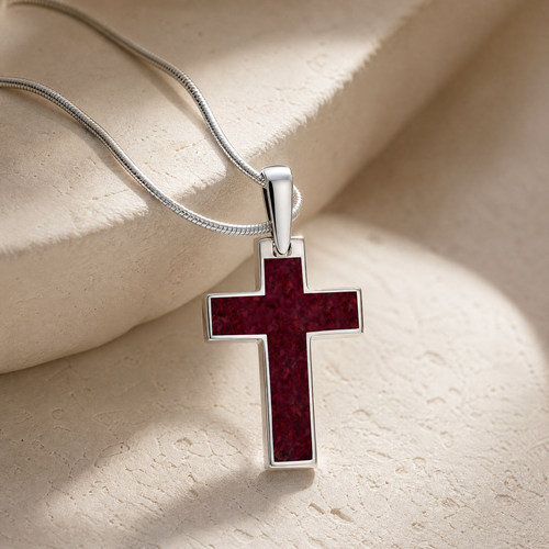 Cultured Cross Sterling Silver with Scarlet Pearl Opal Ash Resin Jewelry