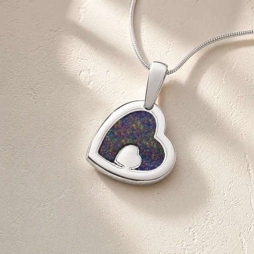 Two Of A Kind Heart Sterling Silver with Black Flame Opal Ash Resin Jewelry