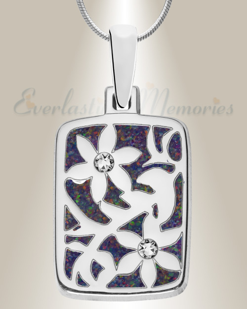 Flowered Rectangle Sterling Silver with Black Flame Opal Ash Resin Jewelry