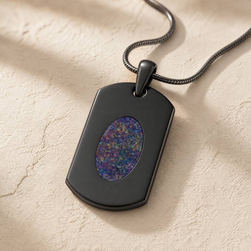 Honored Rectangle Black Finish with Black Flame Opal Ash Resin Jewelry