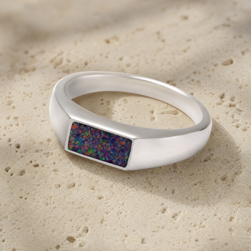 Men's Sterling Silver Desoto Ash Ring with Black Flame Opal
