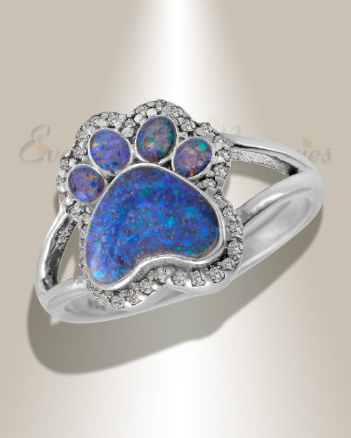 Women's Sterling Silver Paw Print Ash Ring with Opal Blue Waters