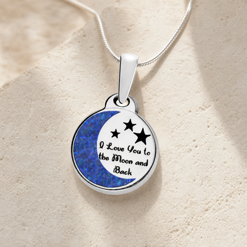 Solid 14K White Gold Love You To The Moon with Opal Blue Waters Ash Resin Jewelry