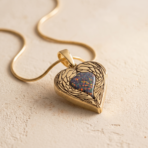 Solid 14K Gold Paradise Heart with Black Flame Opal Ash Resin Jewelry
