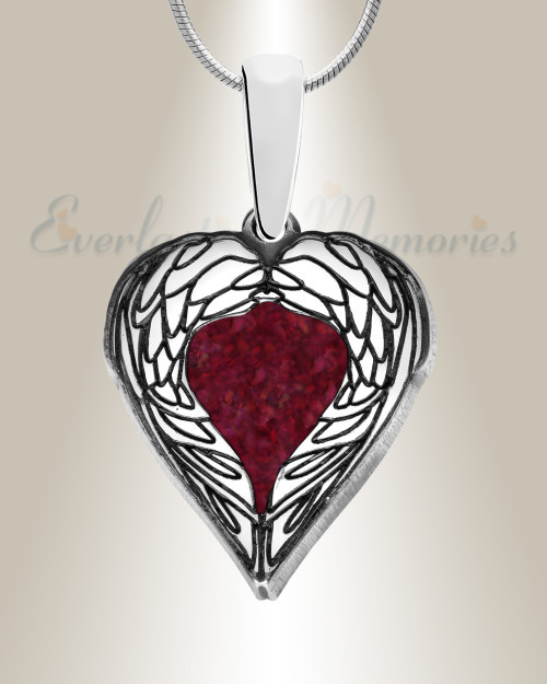 Solid 14K White Gold Paradise Heart with Scarlet Pearl Opal Ash Resin Jewelry