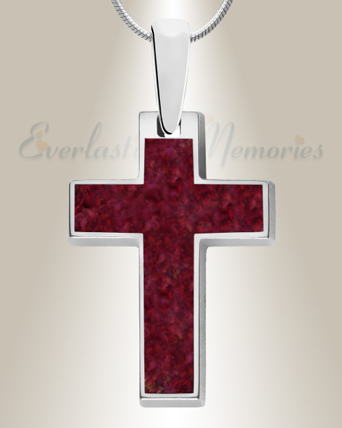 Solid 14K White Gold Cultured Cross with Scarlet Pearl Opal Ash Resin Jewelry