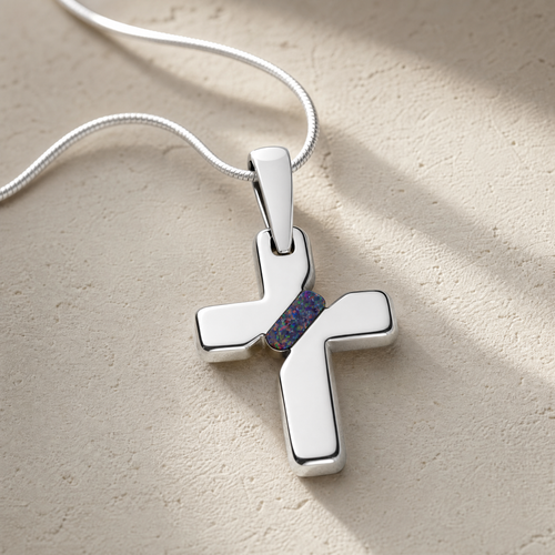 Solid 14K White Gold Honoring Cross with Black Flame Opal Ash Resin Jewelry