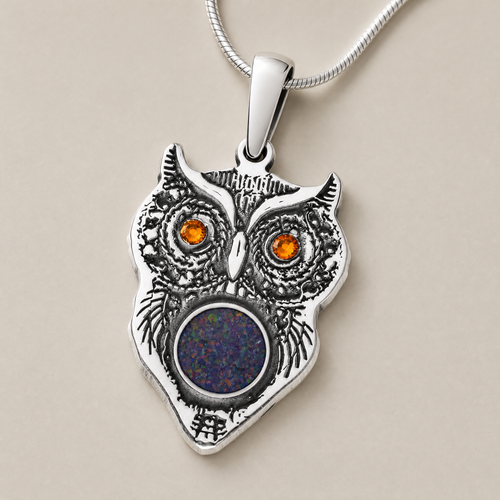 Solid 14K White Gold Wise Owl Birthstone with Black Flame Opal Ash Resin Jewelry