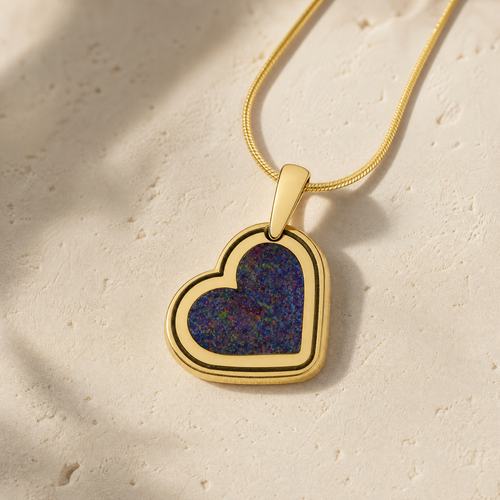 Solid 14K Gold Attentive Heart with Black Flame Opal Ash Resin Jewelry
