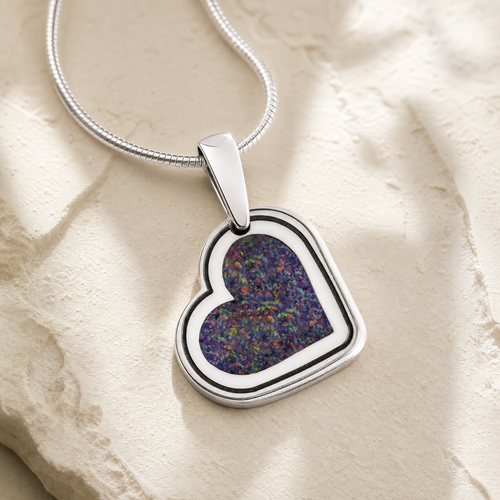 Solid 14K White Gold Attentive Heart with Black Flame Opal Ash Resin Jewelry