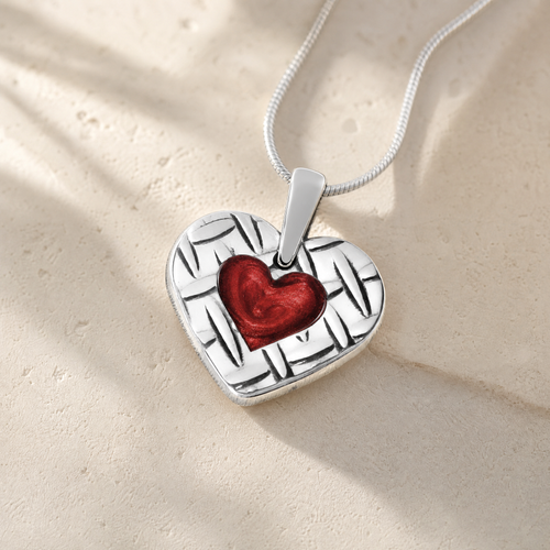 Solid 14K White Gold Woven Heart with Crimson Ash Resin Jewelry