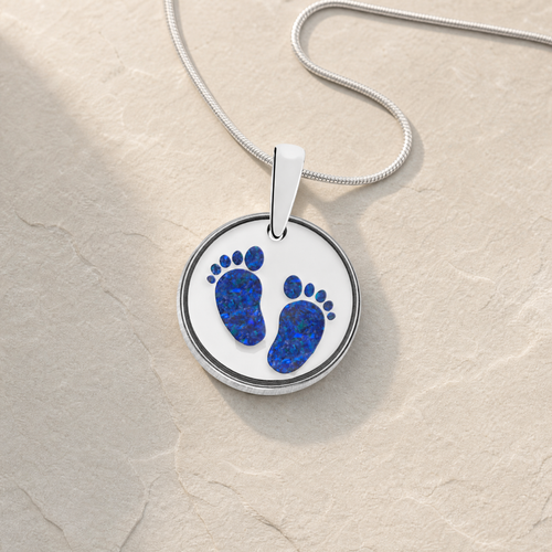 Solid 14K White Gold Lasting Imprint Round with Blue Caribbean Opal Ash Resin Jewelry