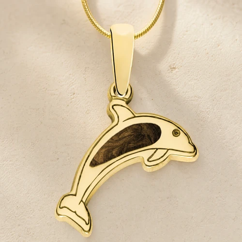 Solid 14K Gold Jubilant Dolphin with Carob Ash Resin Jewelry