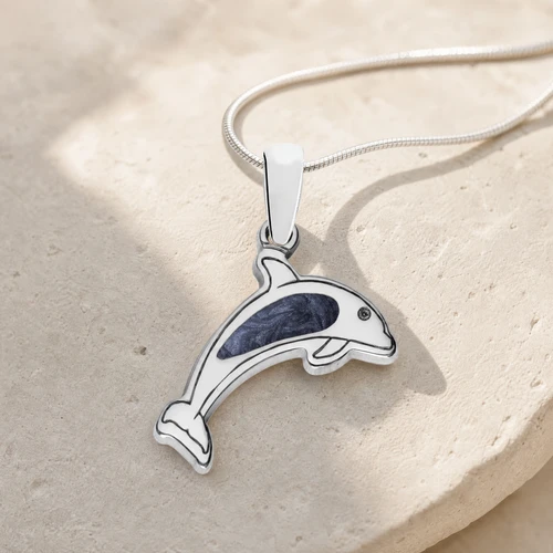 Solid 14K White Gold Jubilant Dolphin with Slate Ash Resin Jewelry