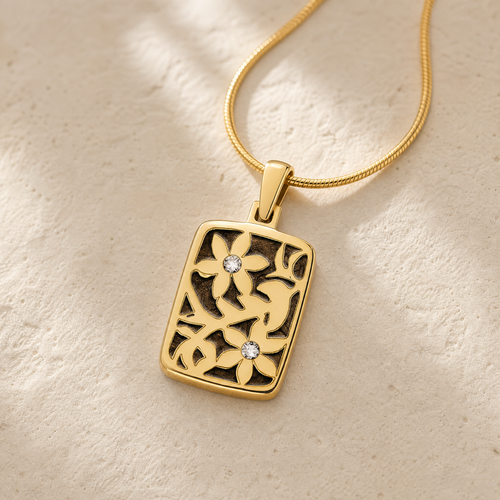 Solid 14K Gold Flowered Rectangle with Carob Ash Resin Jewelry